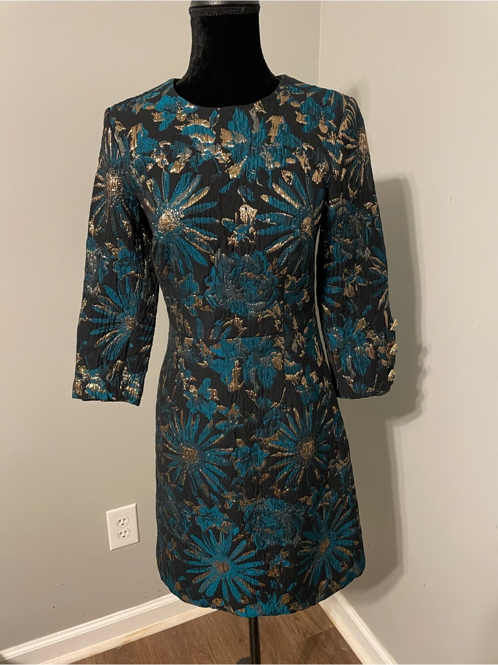 Trina Turk Teal and Gold Floral Mini Dress